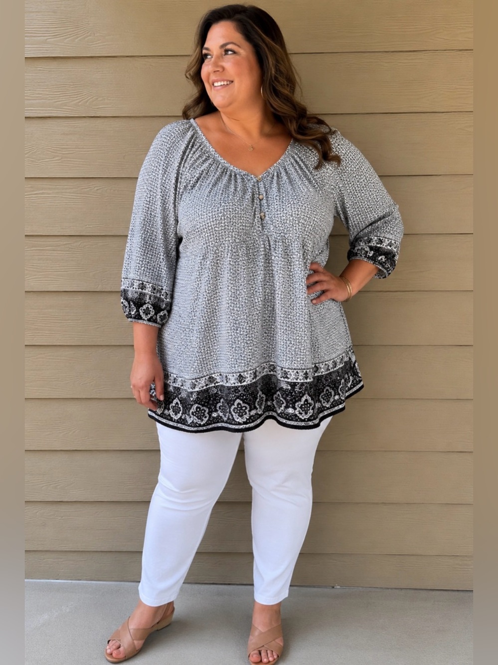 Valerie Bertinelli Blouse V-Neck 3/4 Sleeve Printed Cotton Tunic Size 2X